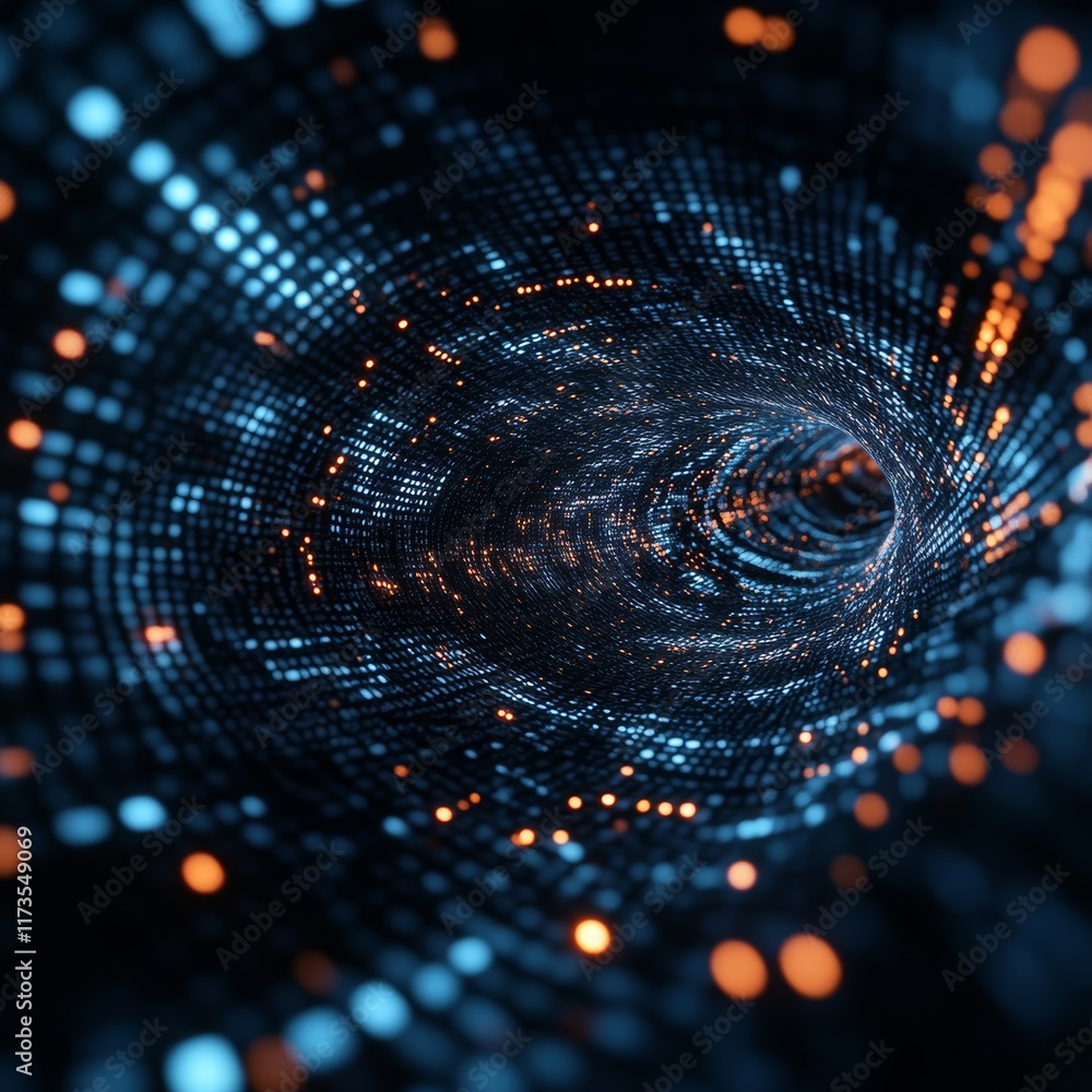Poster immerse in a mesmerizing abstract digital tunnel filled with glowing blue and orange particles, crea