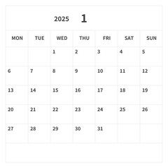 Simple square calendar for January 2025, vector, template