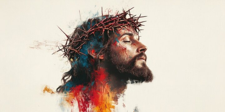 A solemn portrayal of Jesus wearing a crown of thorns.