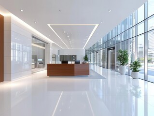 Fototapeta premium Sophisticated bank lobby with cherry wood counters, glass partitions, and luxurious finishes, wooden furniture concept