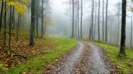 Fototapeta premium A winding dirt path meanders through a mystical forest, shrouded in thick fog, evoking a sense of mystery and enchantment.