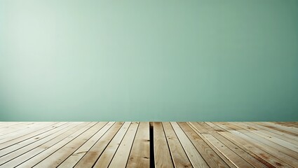 Fototapeta premium Empty wooden deck table over mint wallpaper background 