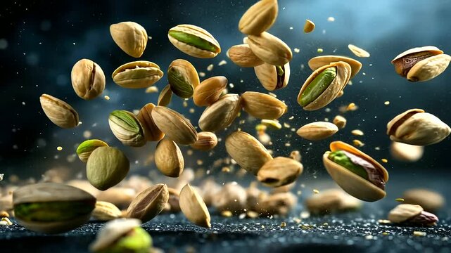 An elegant shot of pistachios suspended in mid-air, with fine details of their shells and kernels catching the light, evoking freshness and quality.