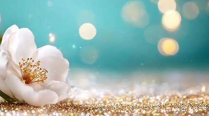 Elegant white flower on gold glitter, teal bokeh background.