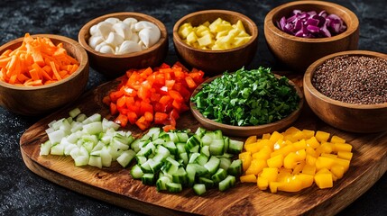 Vibrant Chopped Vegetables and Seeds on Wooden Board