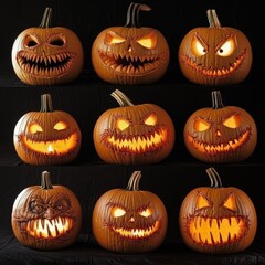 A collection of creatively carved Halloween pumpkins showcasing unique expressions. Each pumpkin features glowing eyes and intricate designs perfect for spooky fall decorations.