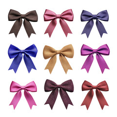A collection of colorful fabric bows arranged in a grid pattern, showcasing various styles and hues.