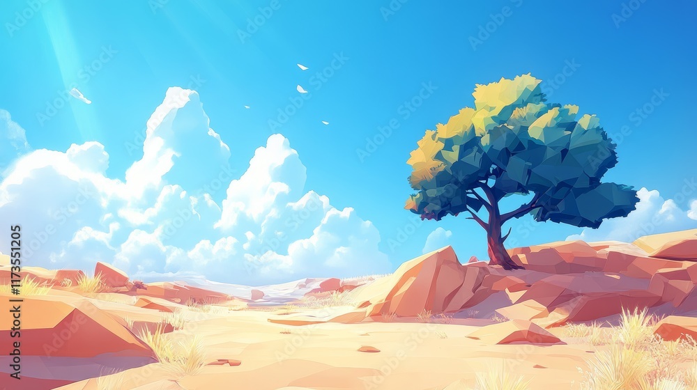 Poster a computer generated image of a desert with a tree in the foreground. the sky is blue and the sun is