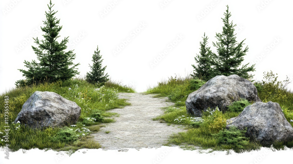 Wall mural a path is shown between two trees and two large rocks