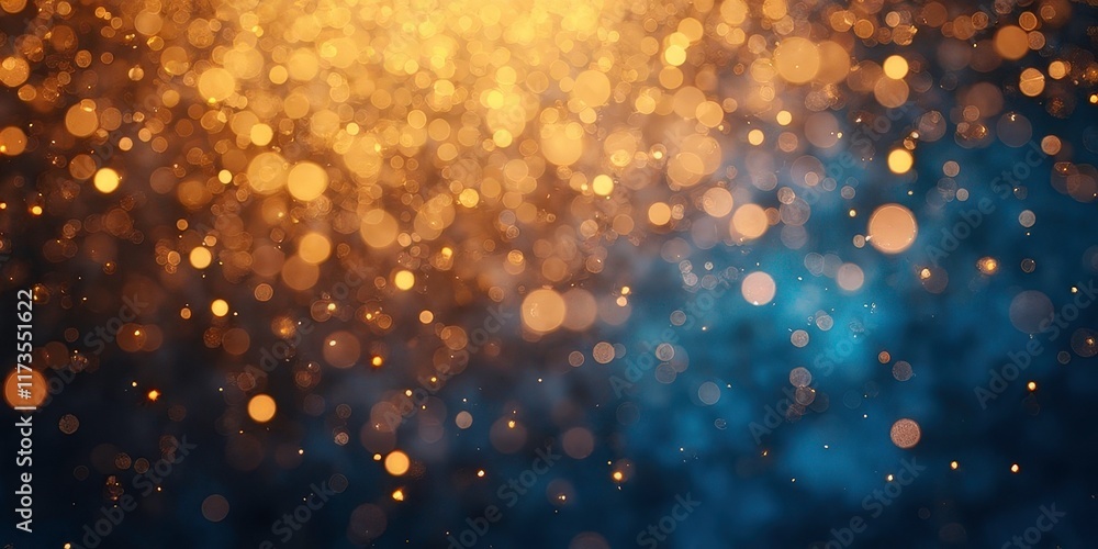 Poster golden bokeh dreams: a mesmerizing abstract background with a hazy blue backdrop adorned with a capt