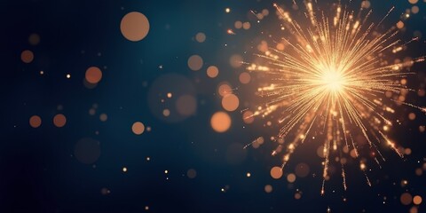 Fototapeta premium Sparkling Celebration: A mesmerizing close-up of a bright firework, radiating warmth and brilliance against a deep blue backdrop. Perfect for adding a touch of magic and festive cheer to your designs.