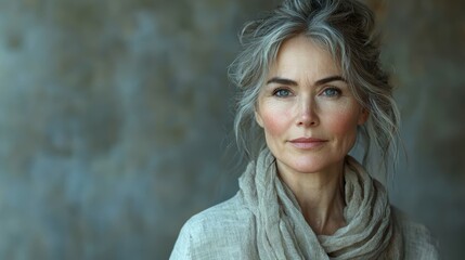 Naklejka premium Portrait of a Mature Woman with Gray Hair, Natural Beauty and Serene Expression
