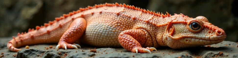 Fototapeta premium Pale skin with rough, dry scales covered in small warts, brownish-red belly , semi-aquatic life form, newt species