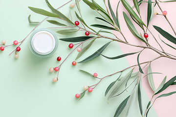 Obraz premium scattered pomegranate jewels with botanical skincare bottle, natural ingredients story