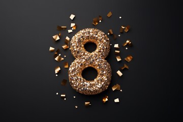 Glittering golden number eight with confetti on a dark background