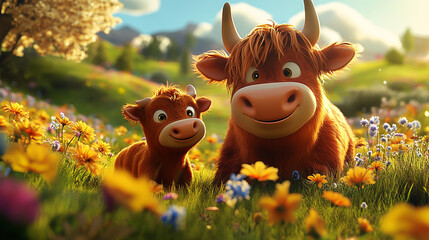 3D cartoon, a happy highland cow and her friend yak in a field of flowers