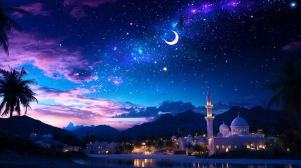 Fototapeta premium Night scene of a mosque, crescent moon, stars, and palm trees near mountains.