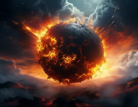 explosive black sphere in cloudy sky mysterious dark orb with fiery bursts surreal celestial object artistic representation of cosmic event apocalyptic vision for sci fi designs