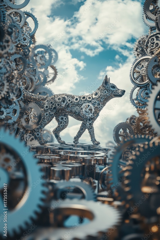 Poster dog is walking through a field of gears. the gears are all different sizes and shapes. the image has