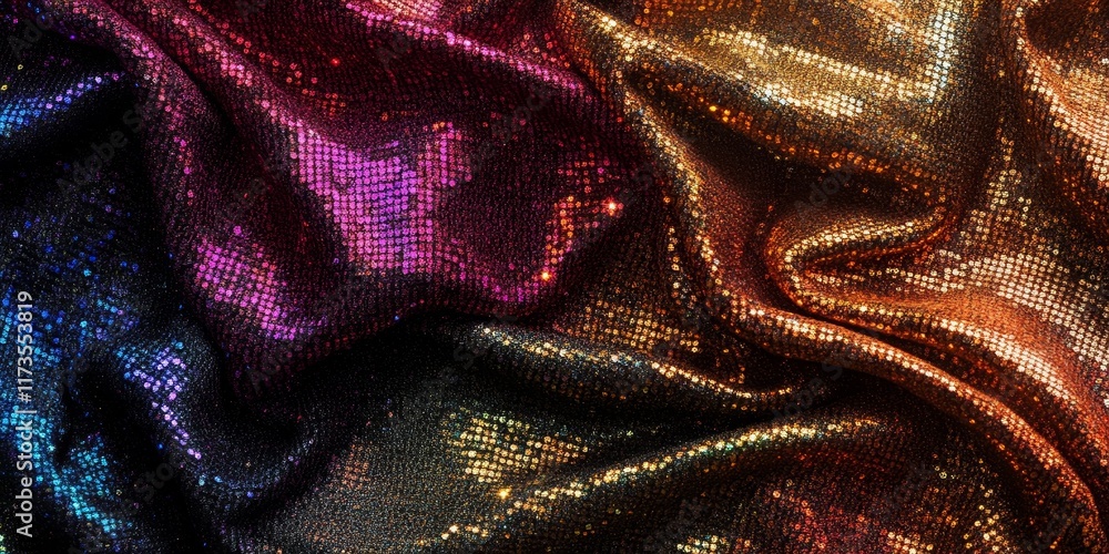 Poster shimmering colorful fabric with metallic patterns in waves