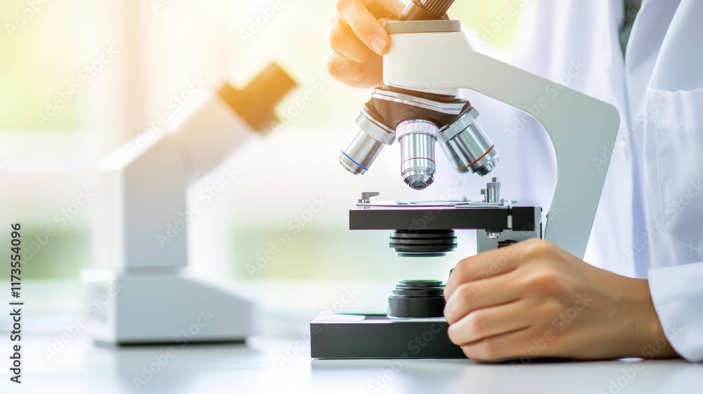 Poster scientist adjusts a microscope, conducting research in a brightly lit laboratory, focusing on scient