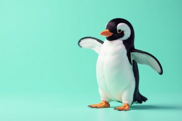 Fototapeta premium Playful dancing penguin flapping wings on mint pastel background - cute penguin movements, fun animation, pastel colors