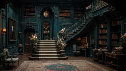 Obraz premium Grand teal library interior with curving staircase, bookshelves, and floral arrangements.