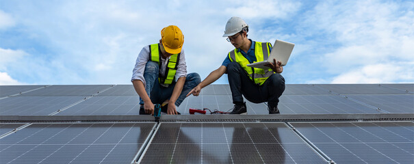 Fototapeta premium Engineer service check installation solar cell on the roof of factory. Silhouette technician inspection and repair solar cell on the roof of factory. Technology solar energy renewable.