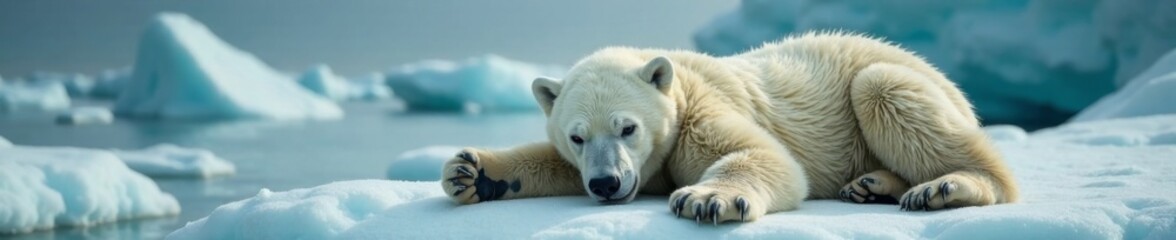 Polar bear sprawled on its side with front paw held up in a gesture of annoyance, playful, arctic...