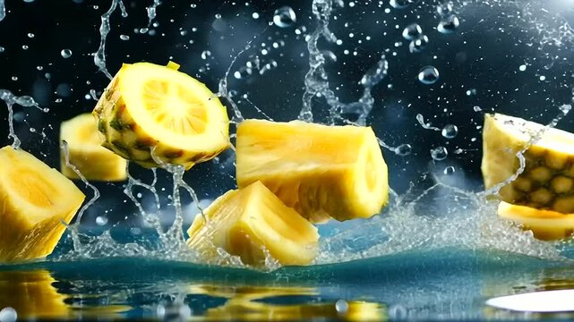 Floating pineapple chunks captured in a wide-angle view, with juice droplets sparkling in mid-air, adding a refreshing and lively touch.