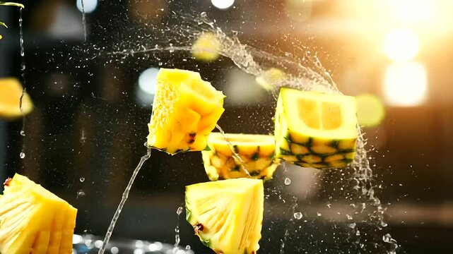 Floating pineapple chunks captured in a wide-angle view, with juice droplets sparkling in mid-air, adding a refreshing and lively touch.