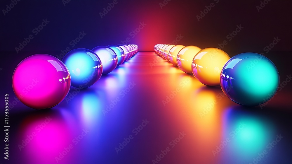 Poster colorful neon spheres arranged symmetrically on a reflective surface, creating a futuristic and vibr