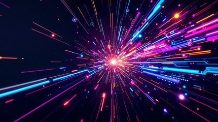 Fototapeta premium Creative Burst: Abstract Mind Explosion, Neon Colors, Futuristic, High-Tech, Digital Background, Innovation, Inspiration, Tech-Savvy, Modern Art