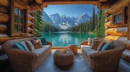 Obraz premium Mountain lake view from cozy log cabin patio.
