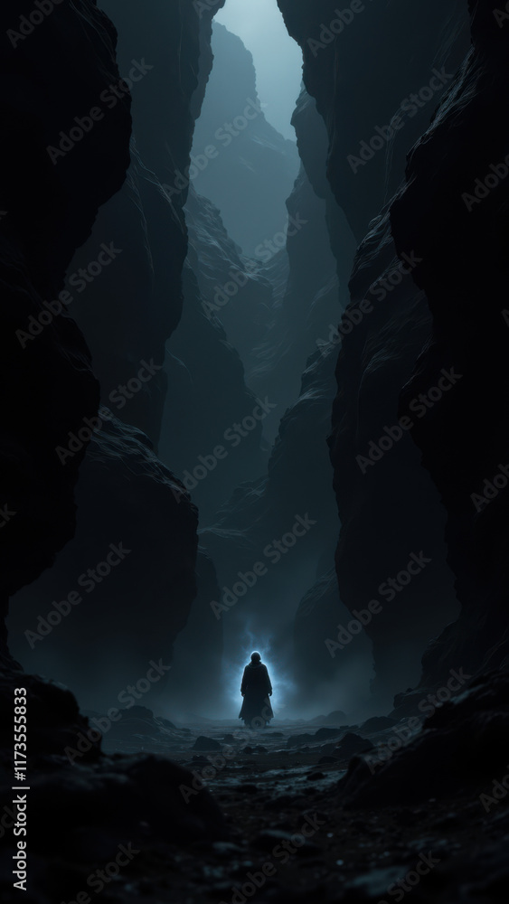 Poster an artistic representation of an ai-controlled subterranean environment with a lone figure navigatin