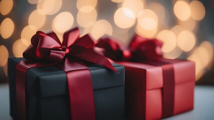 Two red and black gift boxes tied with satin ribbons, placed on a soft white surface with a subtle bokeh background, ultra-realistic and HD captured.