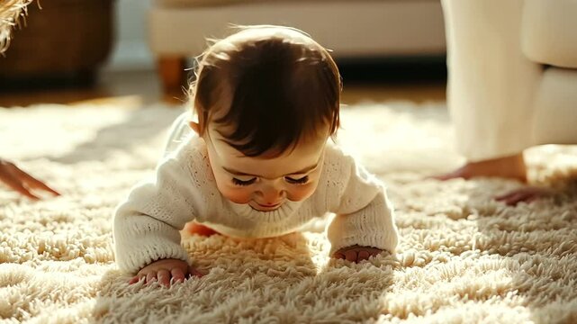 A baby in a light pink romper, exploring her first steps on a velvety carpet
