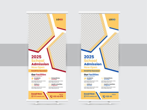 Education roll up banner design template, a bundle of 2 templates of stand banner, education and school admission banner design template