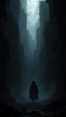 A solitary figure in an atmospheric setting with high-tech undertones, indicative of an undetectable AI environment.