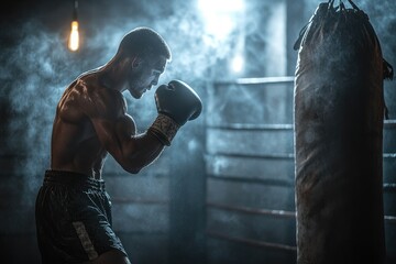 A boxer practicing in a dimly lit, gritty gym, with sweat dripping and torn punching bags in the background,copy space background