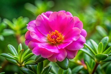 Fototapeta premium Single Pink Portulaca Flower Blooming in Vibrant Green Foliage - Architectural Photography