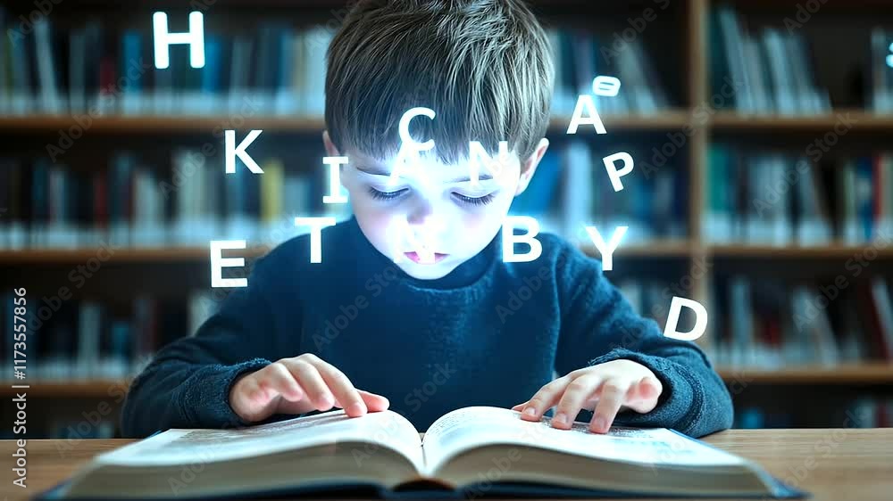 Poster a child at a library table with an open book, surrounded by letters glowing softly, forming shapes t