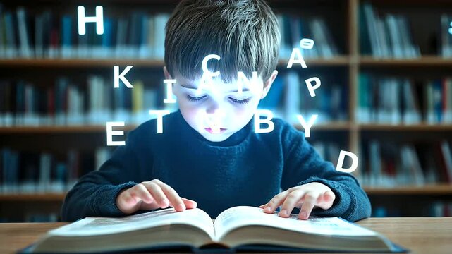 A child at a library table with an open book, surrounded by letters glowing softly, forming shapes that hint at a narrative, symbolizing imagination unlocked through dyslexia suppo