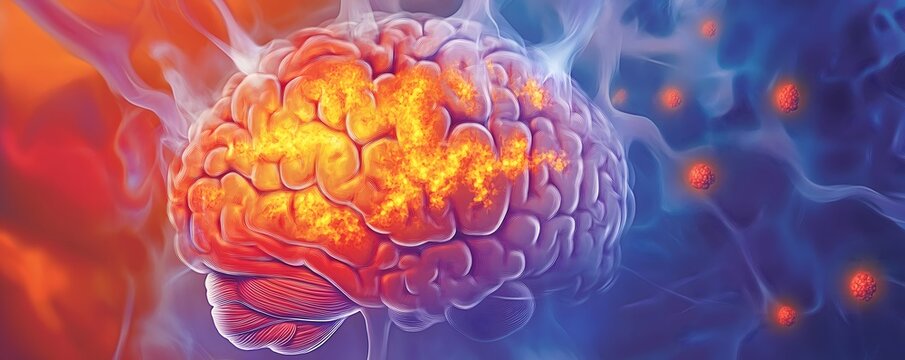 A representation of a human brain with a swollen or damaged area highlighted in warm shades of red and orange.
