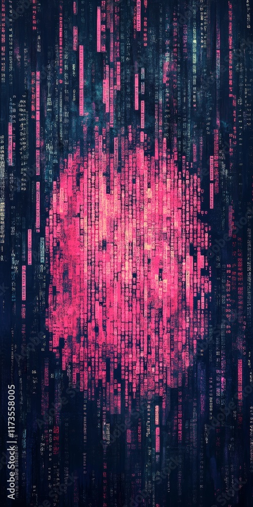 Poster a mesmerizing abstract digital artwork showcasing a vibrant pink glow amid streams of data patterns 