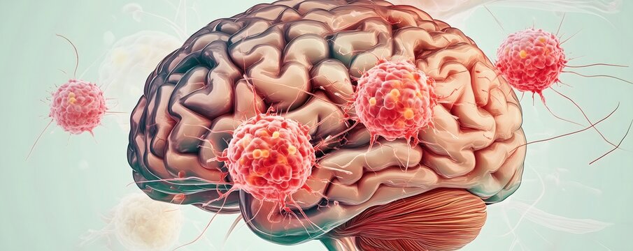 Detailed representation of a human brain with bright red cancer cells attached to its surface.