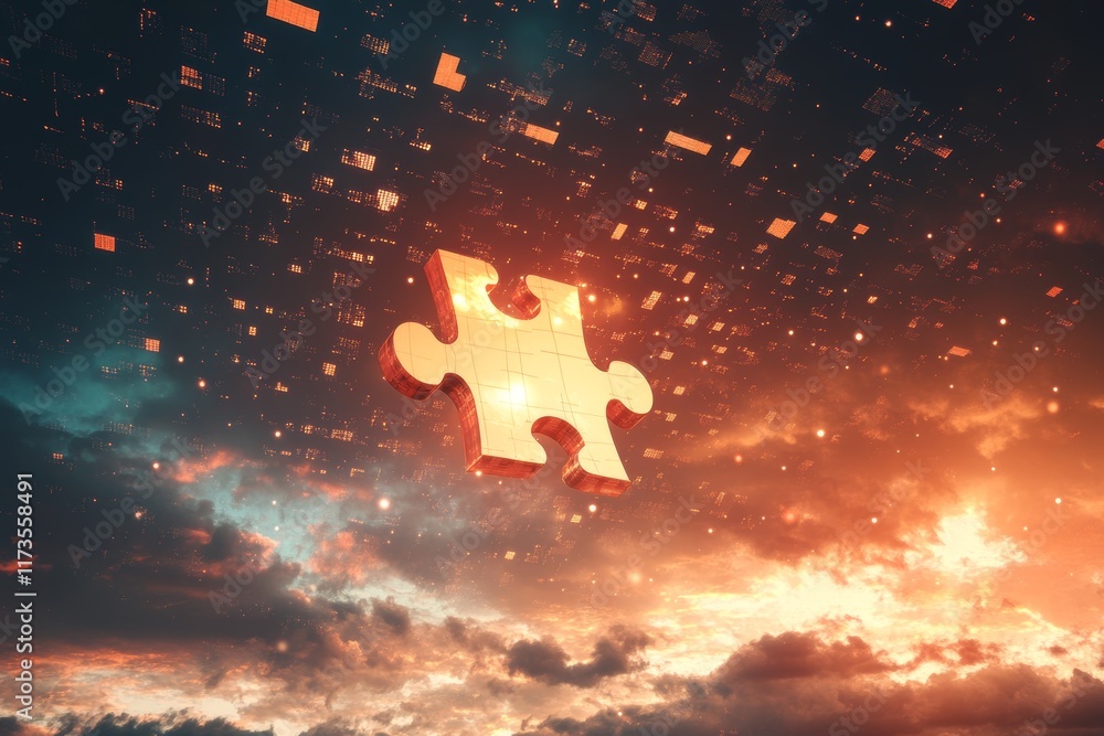 Poster a stunning image of a glowing puzzle piece floating in a vibrant sky, surrounded by a mesmerizing di