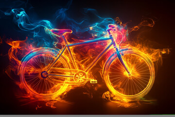 Fototapeta premium 3D fire and colorful painting of a bicycle on a black background