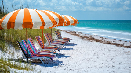 A row of colorful beach chairs are set up on the beach