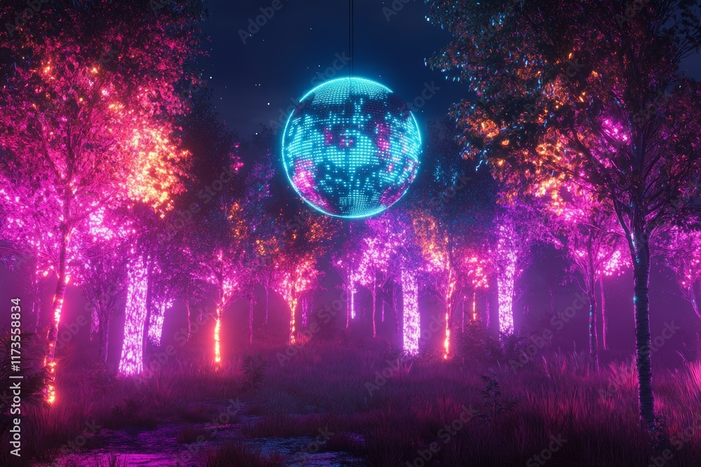 Poster enchanted forest with neon lights and a floating globe display